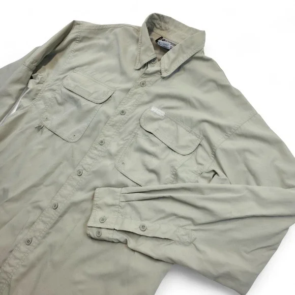 Columbia Men's M Button Up Long Sleeve Fishing Shirt Casual Work Outdoors Beige - Picture 3 of 9